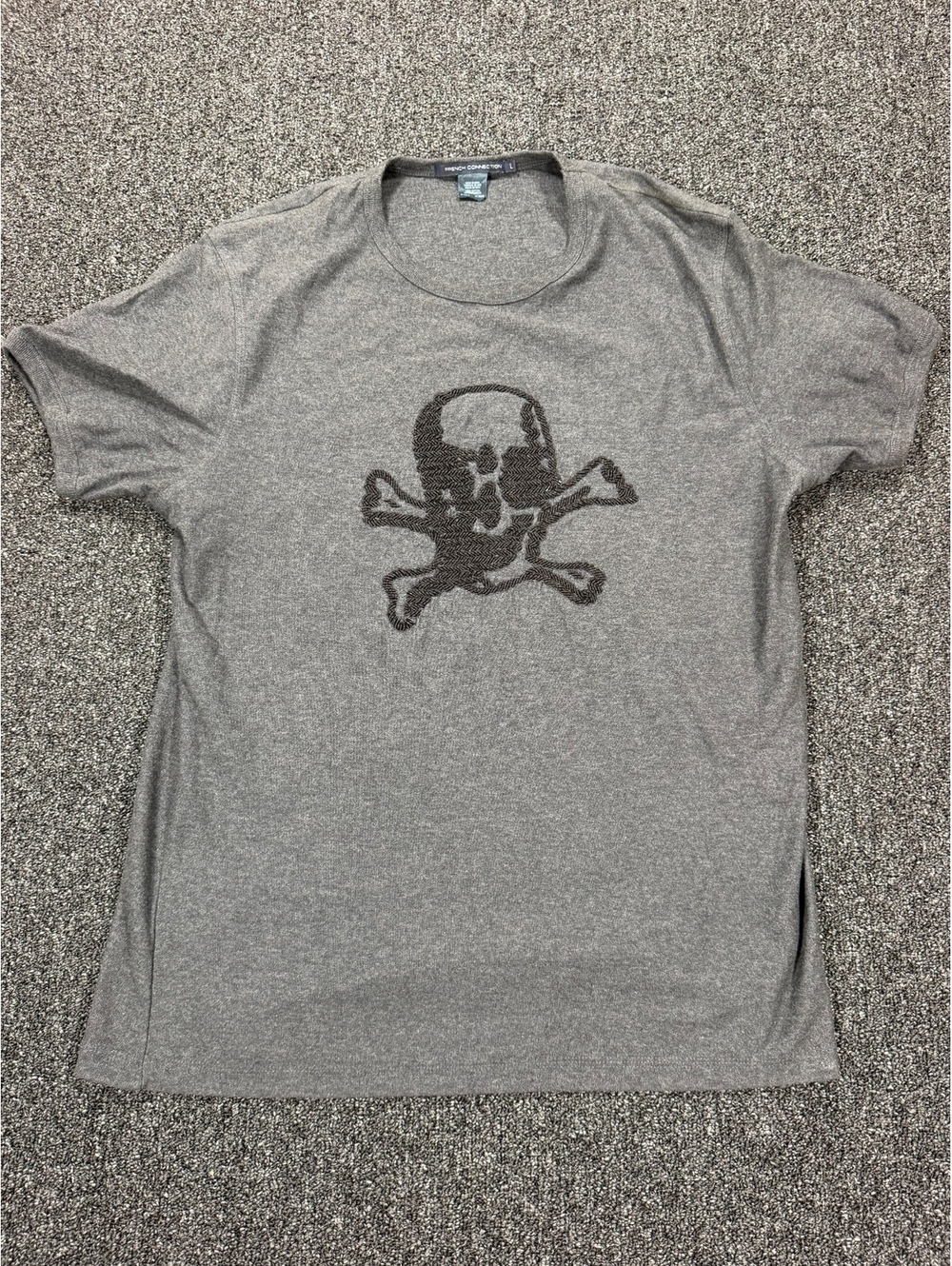 French Connection Men's Gray Skull Beaded Cotton T-Shirt Large